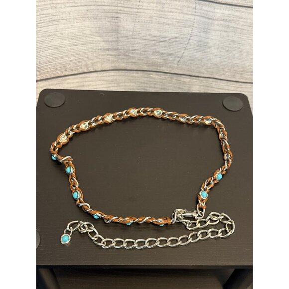 Vintage Silver & Brown Leather Belt With Turquoise Accents - Picture 1 of 3